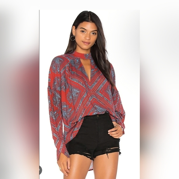 Free People Tops - Free People Walking on a Dream Tunic Blouse Red Blue Geometric - Size Small NWT